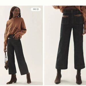 Maeve Contrast-Stitch High-Rise Crop Wide-Leg Jeans